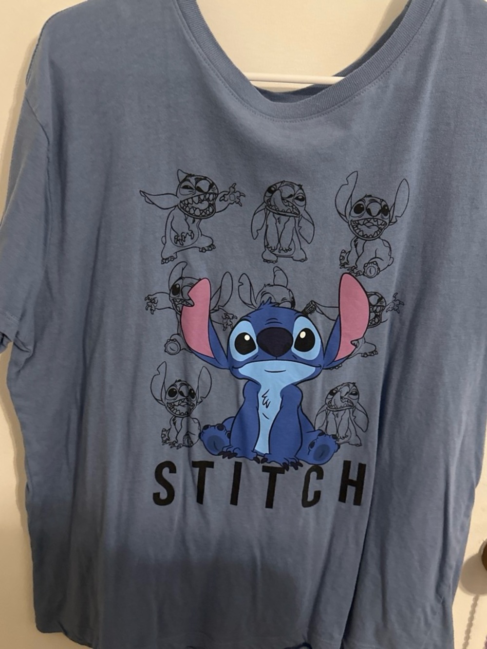 Disney Light Blue Stitch Graphic Tee with Pink Ear Accents